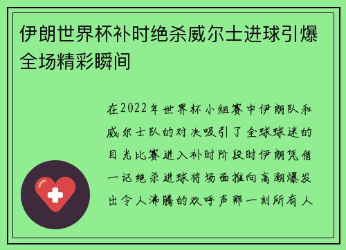 伊朗世界杯补时绝杀威尔士进球引爆全场精彩瞬间 伊朗世界杯补时绝杀威尔士进球引爆全场精彩瞬间