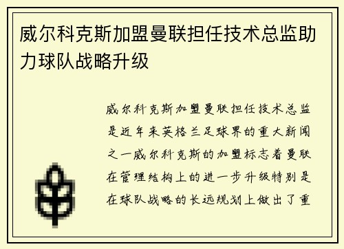 威尔科克斯加盟曼联担任技术总监助力球队战略升级 威尔科克斯加盟曼联担任技术总监助力球队战略升级